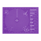 Purple silicone baking mat with measurement lines and recipe chart panel