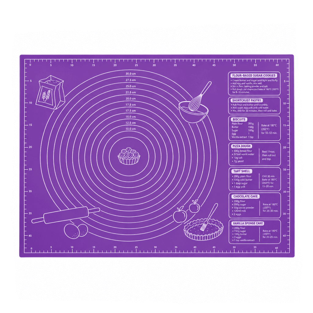 Purple silicone baking mat with measurement lines and recipe chart panel