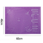 Purple silicone baking mat with 60cm by 46cm markings and ring guides