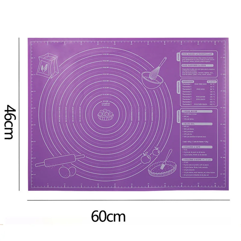 Purple silicone baking mat with 60cm by 46cm markings and ring guides