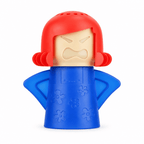 Microwave steam cleaner, red cap with blue base and flower-patterned body