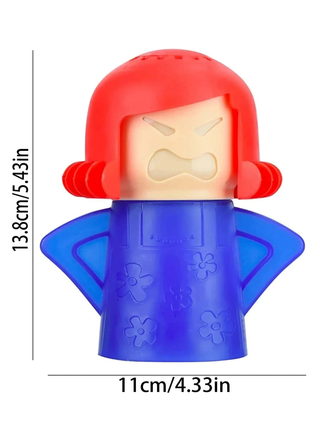 Microwave steam cleaner with red top and blue star-shaped base.
