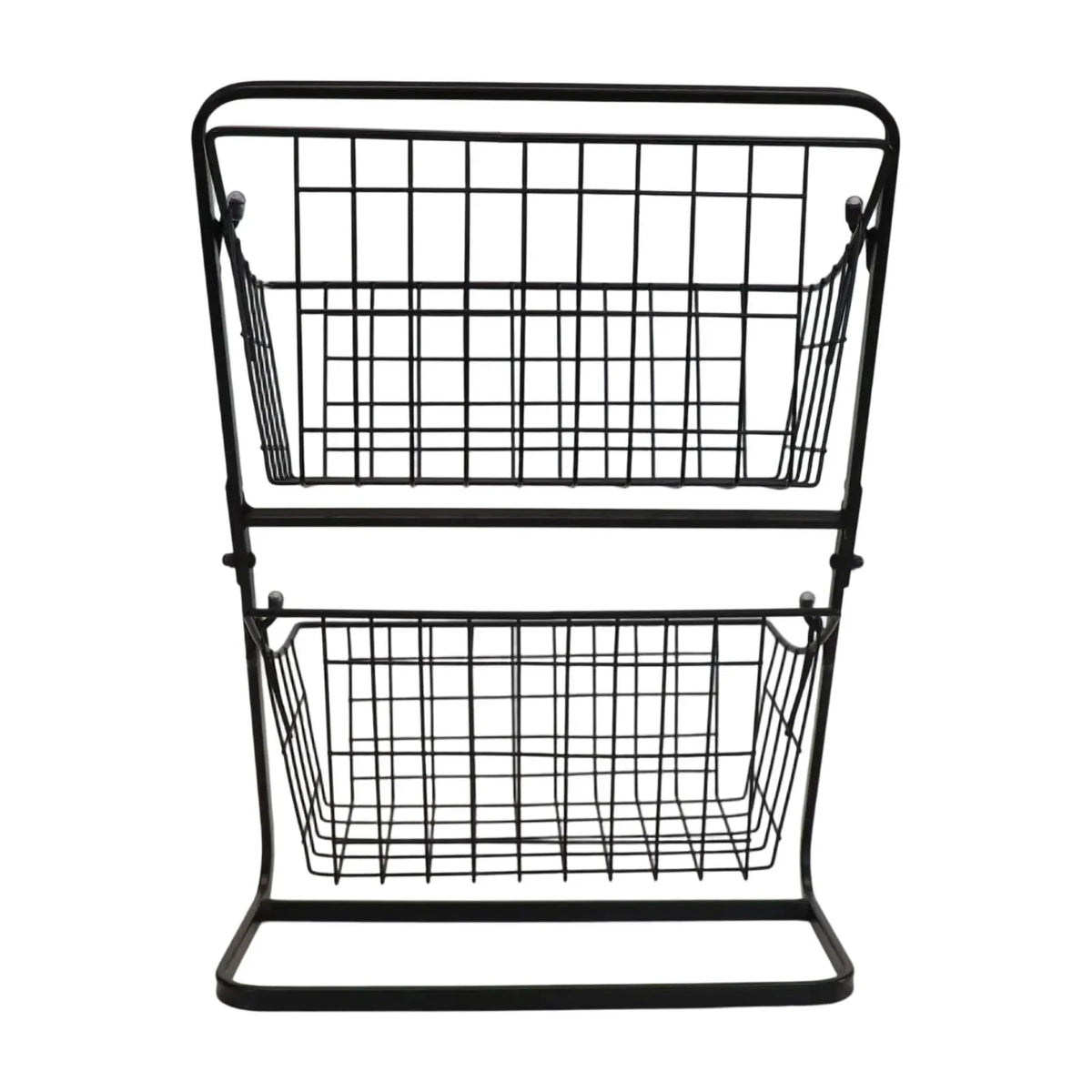 Black 2-tier wire countertop fruit basket organizer, front view of two stacked baskets
