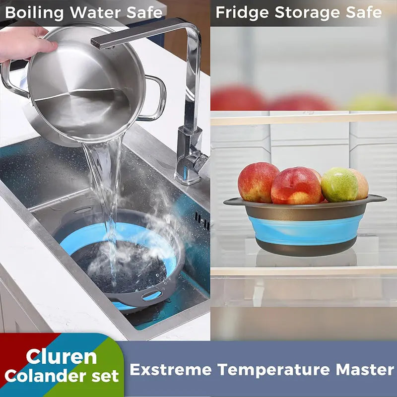Collapsible colander and strainer set with blue strainer and gray drain base, nested for storage