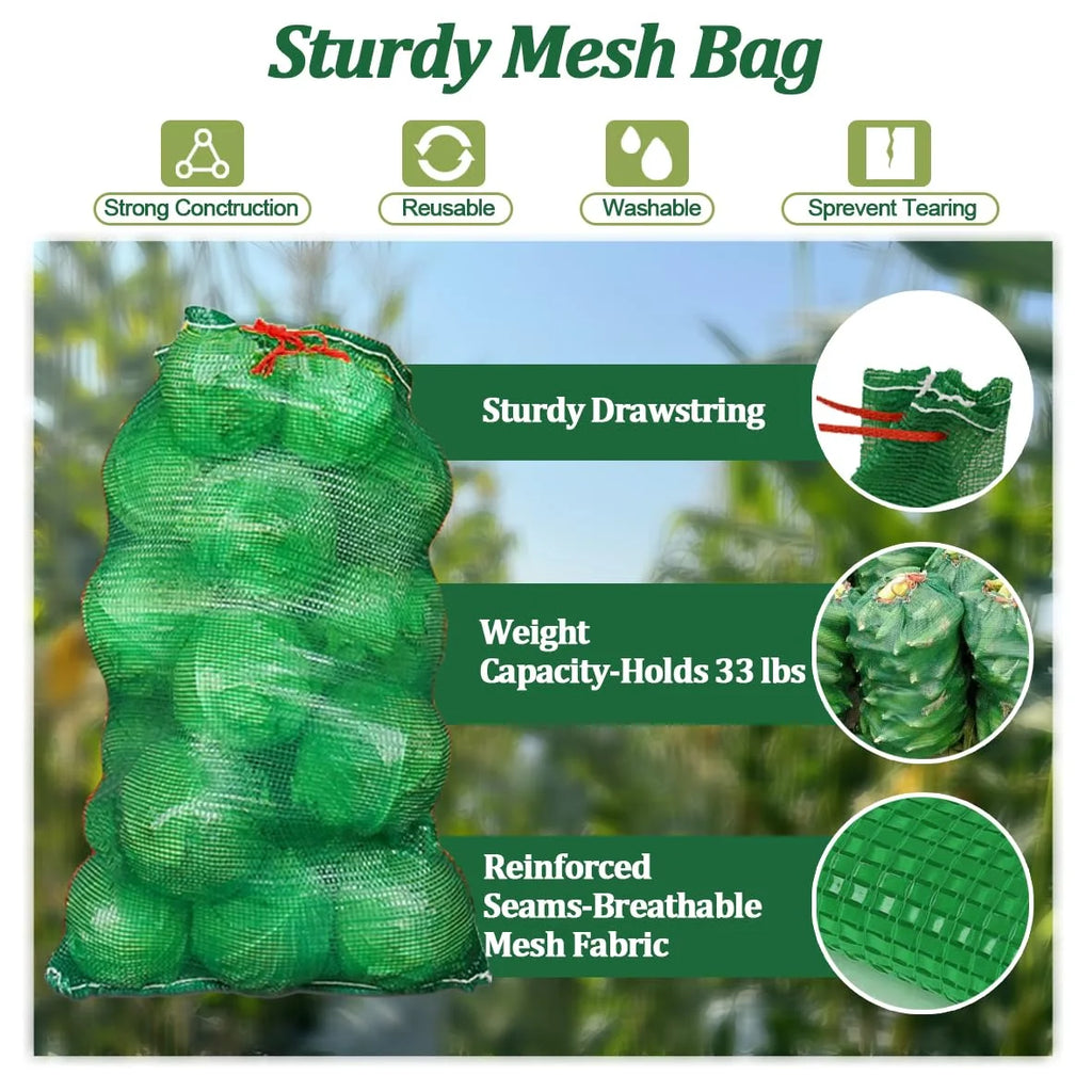 Green mesh drawstring produce bag with sturdy drawstring and reinforced tightly woven mesh.