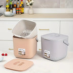 Two countertop food waste bins: beige outer with removable inner sieve and white bin