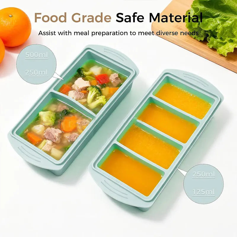Mint green 4-compartment freezer tray with molded sections for soups and sauces