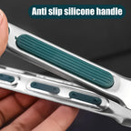 Stainless steel tong handle with anti-slip green silicone sleeve and finger grooves