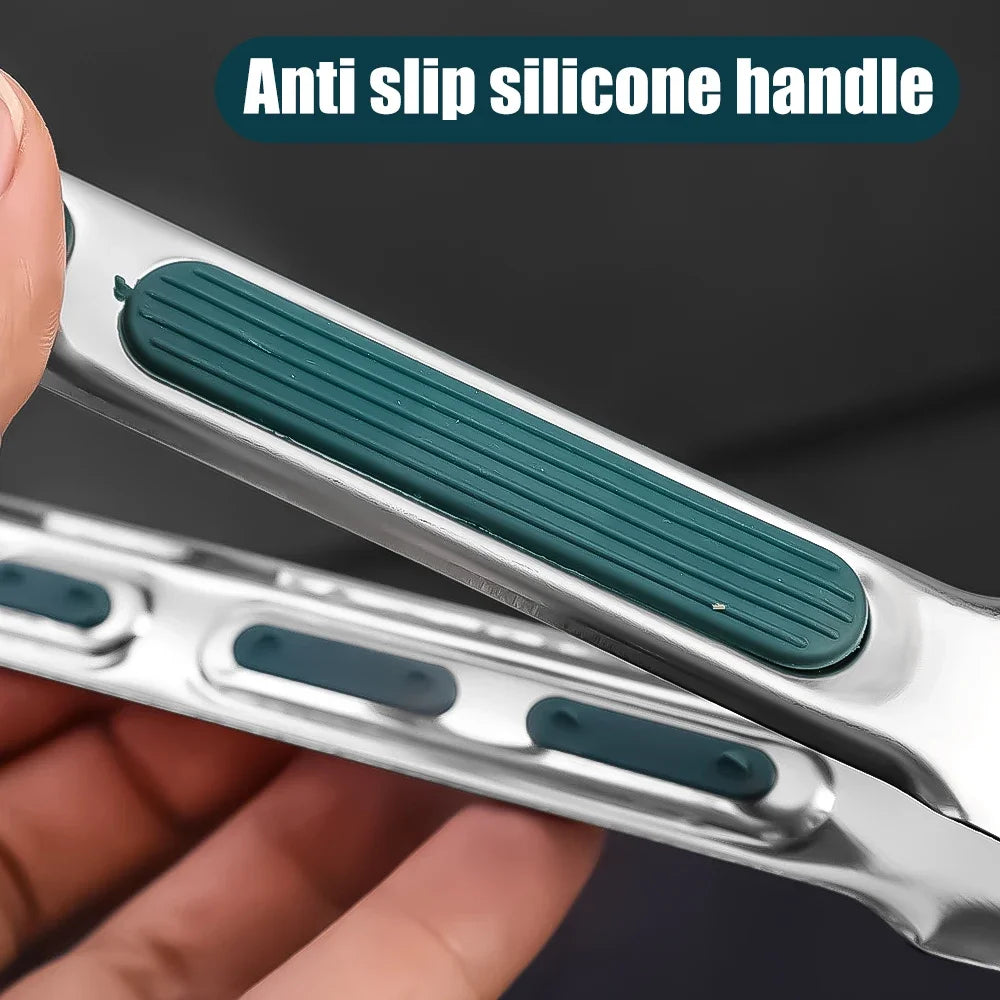 Stainless steel tong handle with anti-slip green silicone sleeve and finger grooves