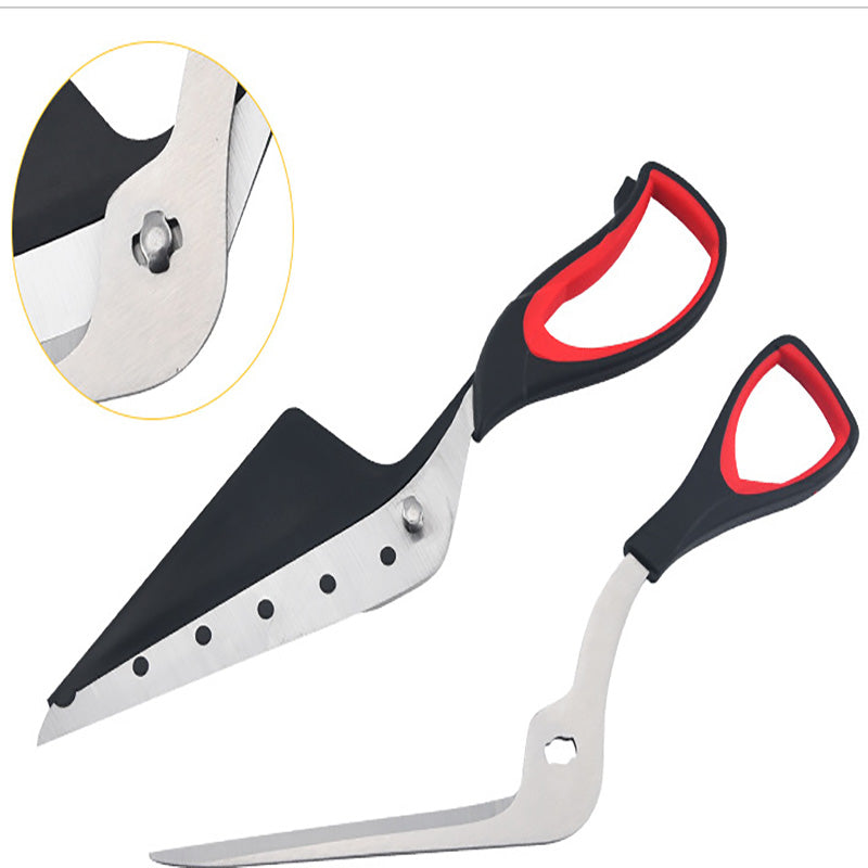 Pizza cutting scissors with stainless blades and black/red grips, blade pivot close-up