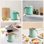 Light green bacon grease container on kitchen counter with removable mesh strainer
