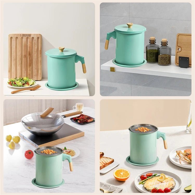 Light green bacon grease container on kitchen counter with removable mesh strainer