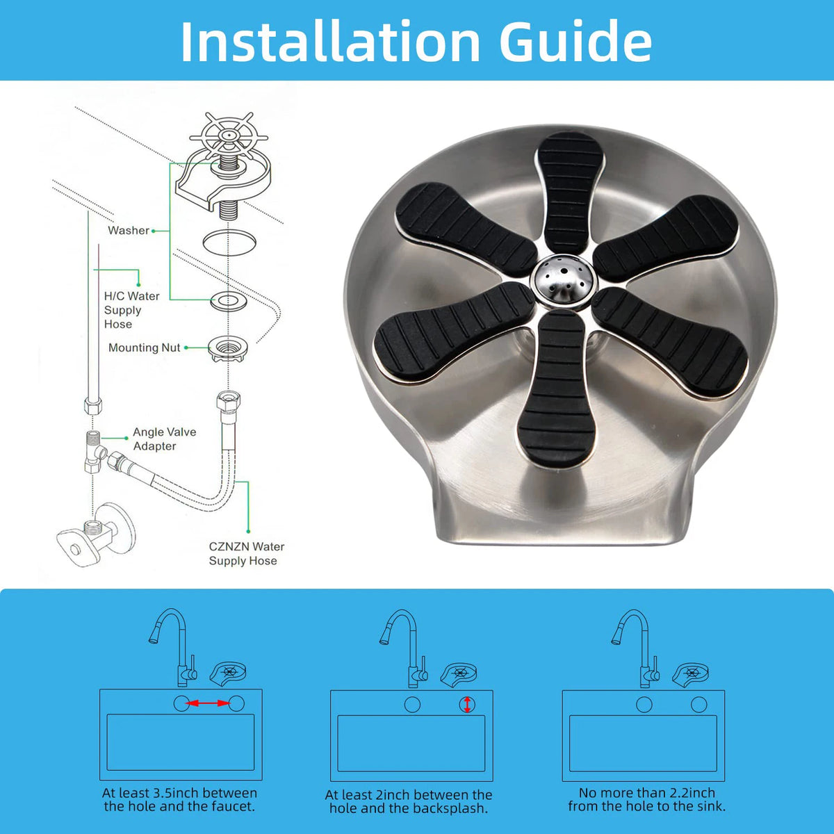 Stainless steel sink glass rinser installation diagram with multi-angle jet head