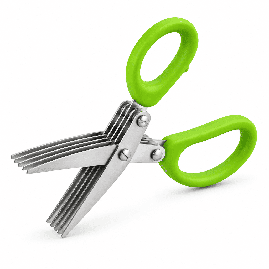 Stainless multi-blade herb shears with bright green handles, standalone product view