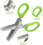 Green-handled stainless herb shears with multi-blade head and inset blade close-up