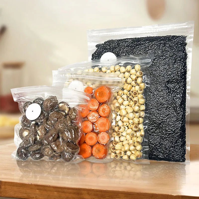 Reusable vacuum sealer storage bags with valves, packed with assorted dry beans and food