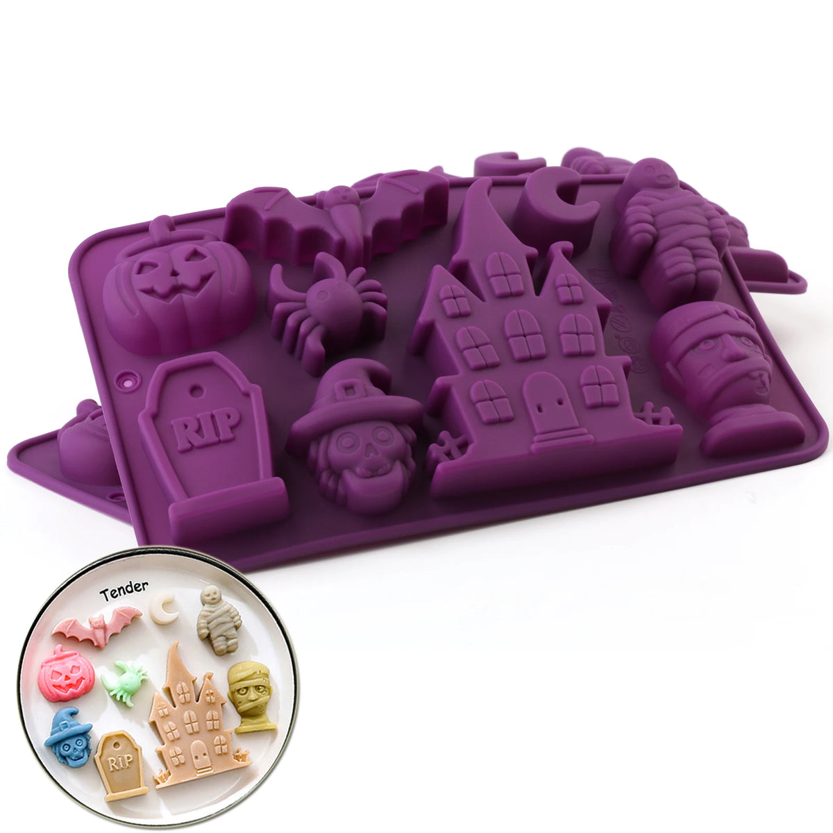 Purple silicone Halloween candy mold with bat, haunted house, tombstone, and mummy embossing