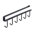 Matte black under-cabinet 6-hook rack with curved ends and six hanging hooks