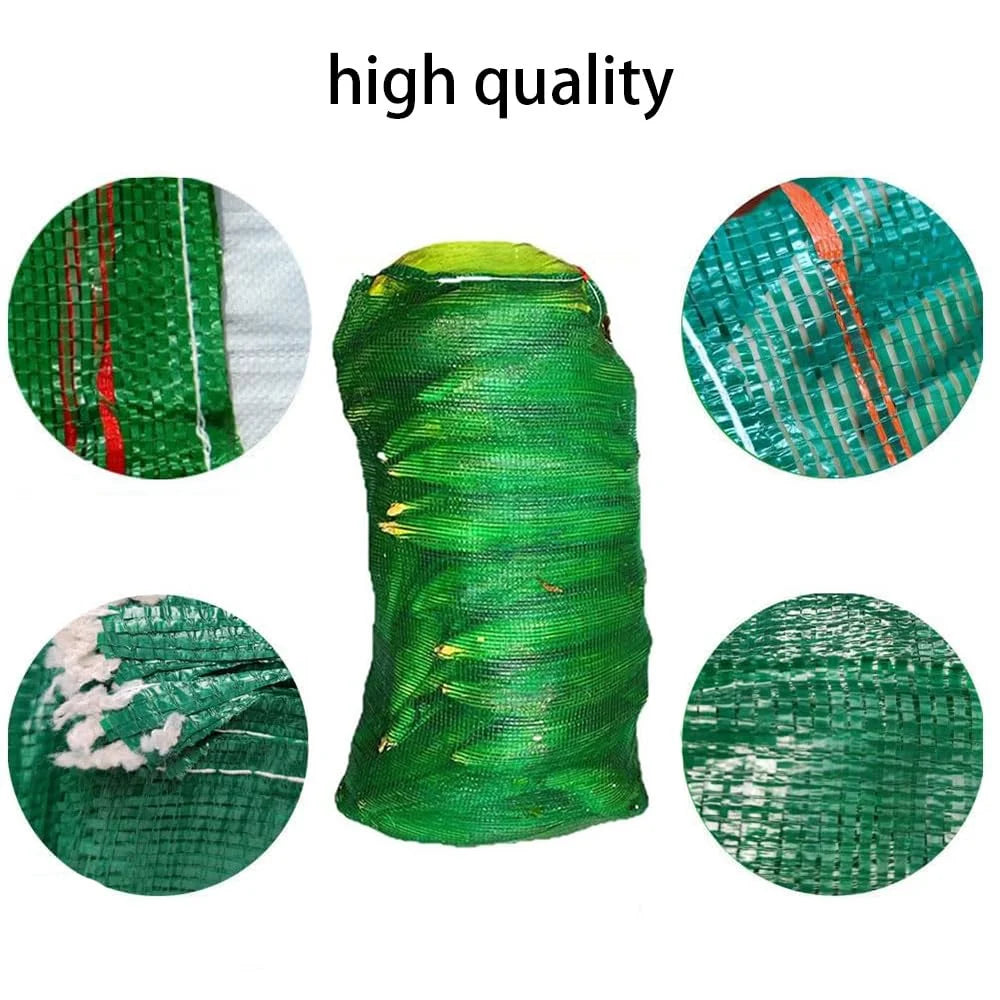 Green mesh produce bag with close-up fabric texture and stitched mesh detail.
