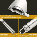 Corn peeler with serrated sharp blade, bold handle, and hanging hole tail