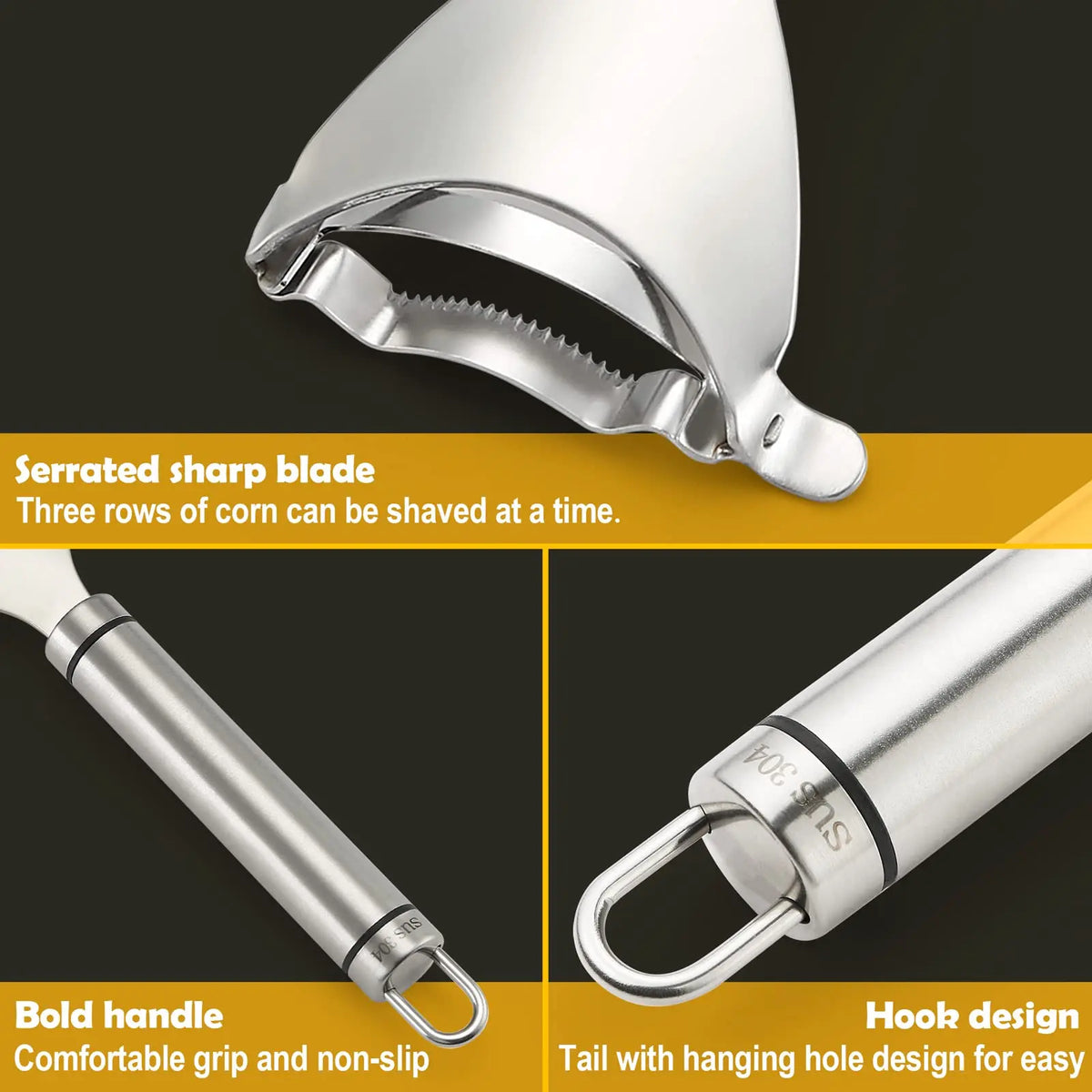 Corn peeler with serrated sharp blade, bold handle, and hanging hole tail