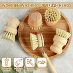 Dish scrub brush set with five wooden brush heads and a handled brush on a round tray