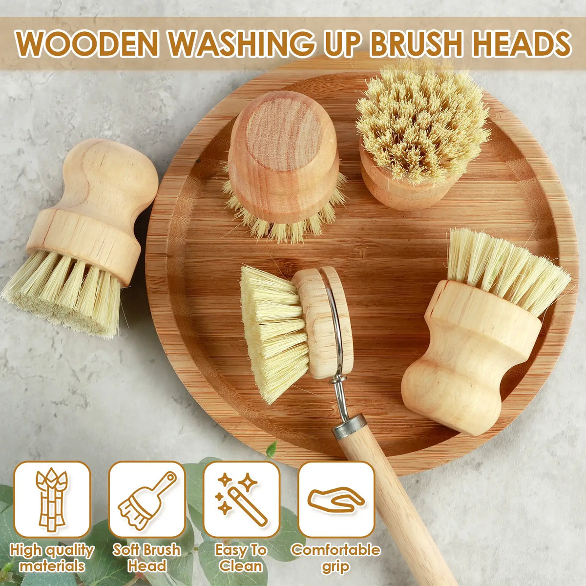 Dish scrub brush set with five wooden brush heads and a handled brush on a round tray