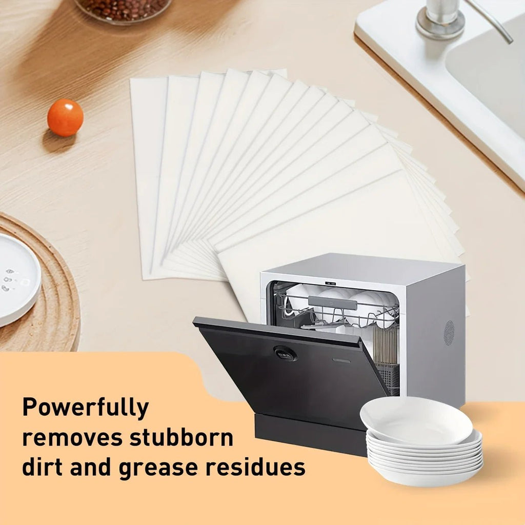 Dishwasher detergent sheets box with stacked white sheets near a loaded dishwasher