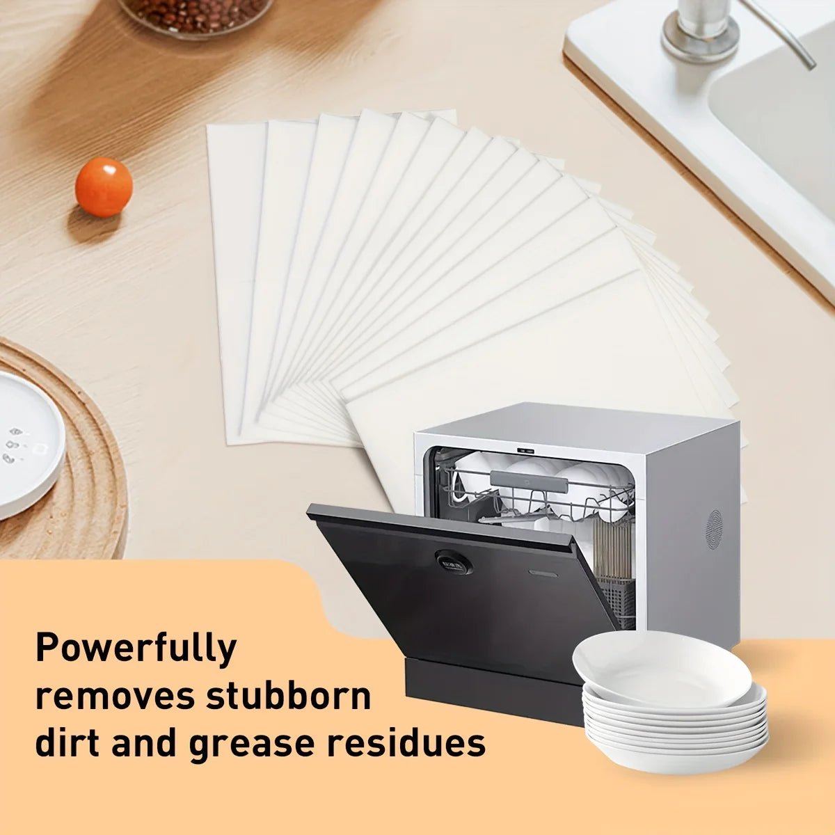 Dishwasher detergent sheets box with stacked white sheets near a loaded dishwasher