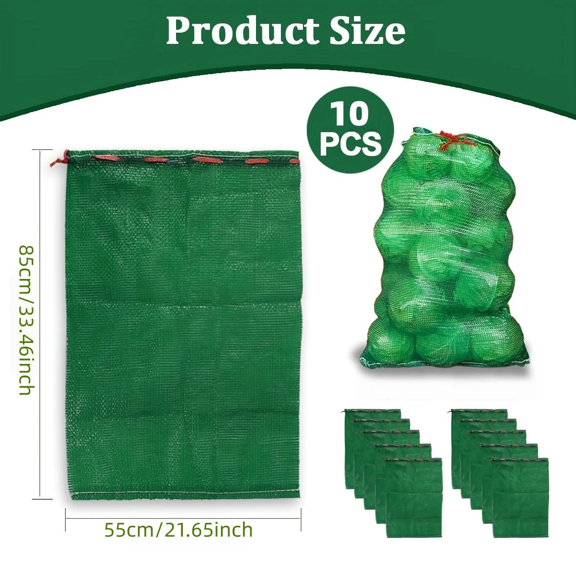Extra-large green mesh produce storage bags set of 10, shown with size outline.