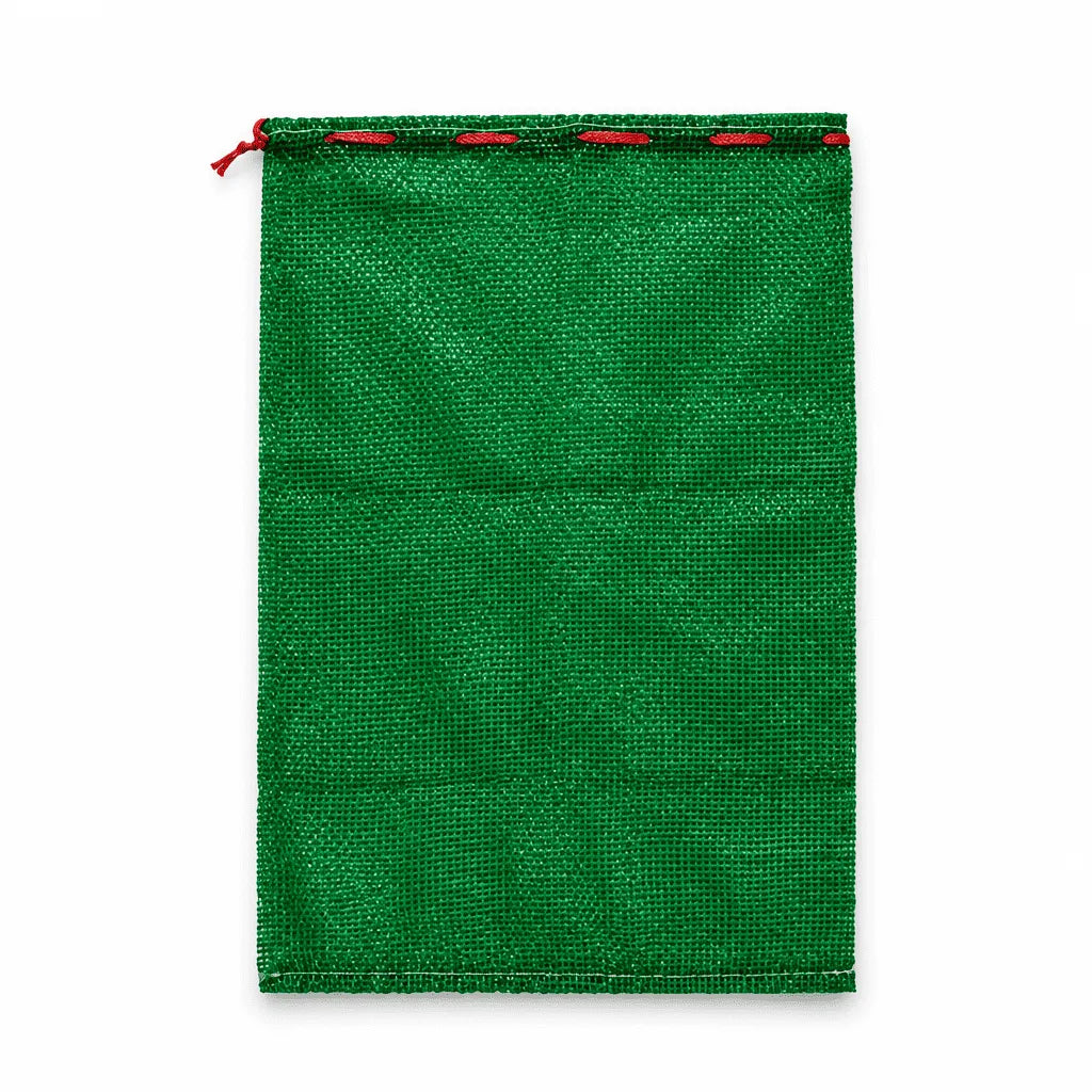 Green rectangular mesh produce storage bag with red drawstring and flat bottom.