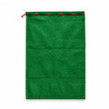 Green rectangular mesh produce storage bag with red drawstring and flat bottom.