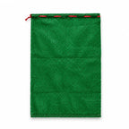 Green rectangular mesh produce storage bag with red drawstring and flat bottom.