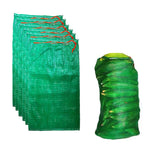 Stacked green mesh produce storage bags with drawstring tops, plus one bag displayed.