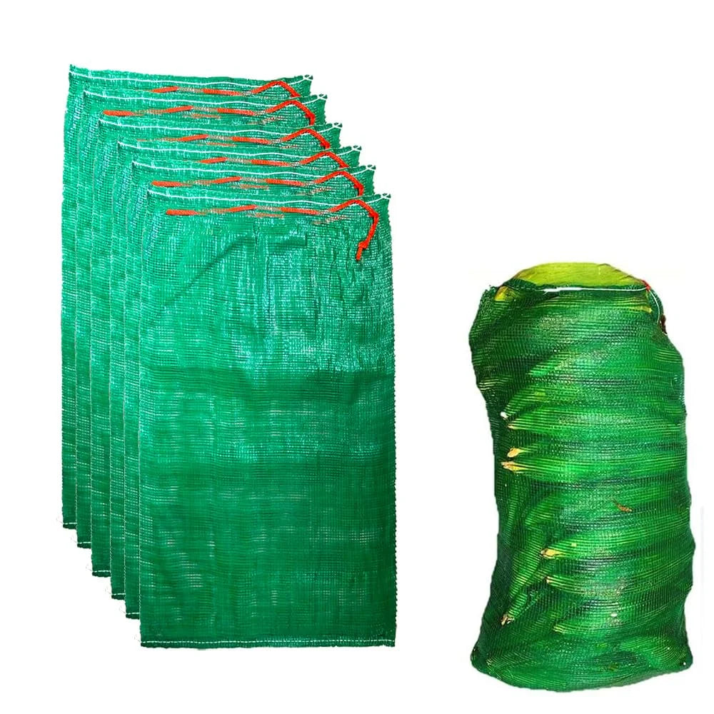Stacked green mesh produce storage bags with drawstring tops, plus one bag displayed.