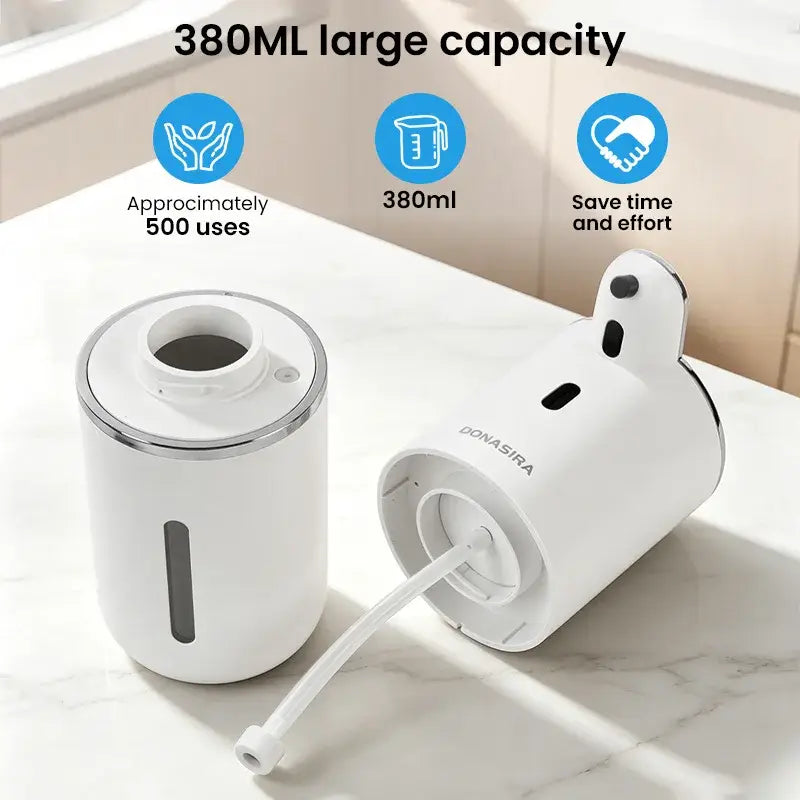 White touchless soap dispenser showing 380ml capacity tank and dispensing nozzle