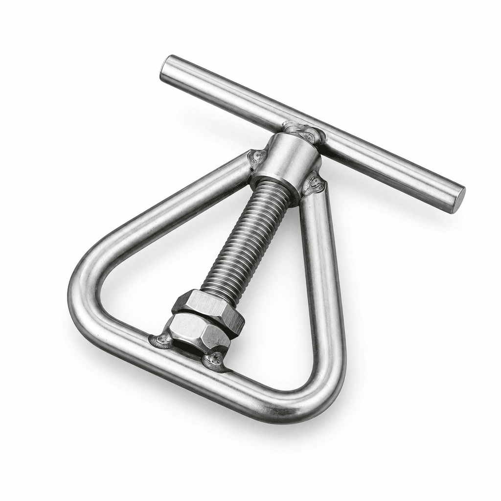 Stainless steel manual nutcracker and sheller, side view of U-frame and handles