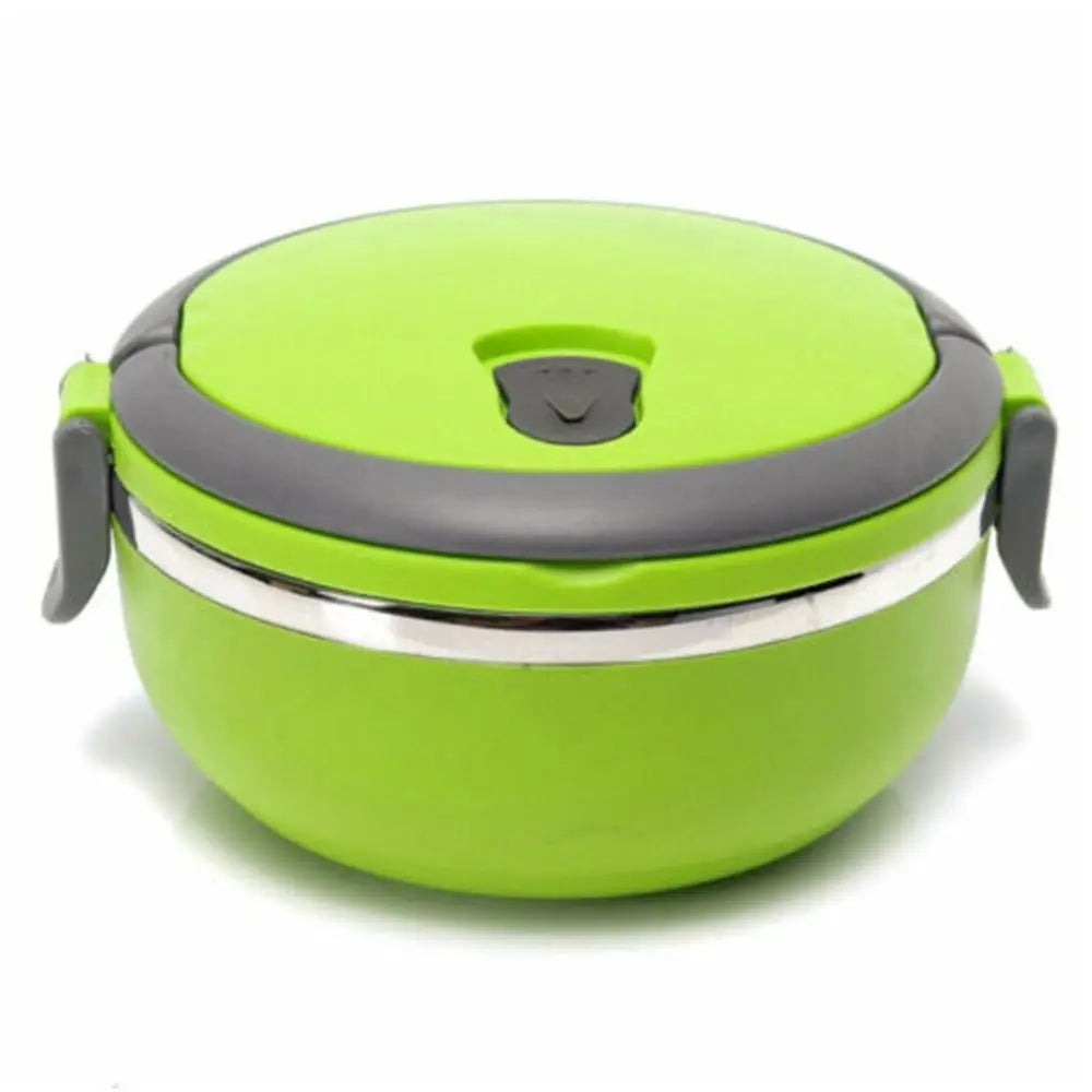 Green stainless steel bento lunch box with gray rim, top vent, and side latch tabs