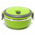 Green stainless steel bento lunch box with gray rim, top vent, and side latch tabs
