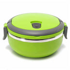 Green stainless steel bento lunch box with gray rim, top vent, and side latch tabs