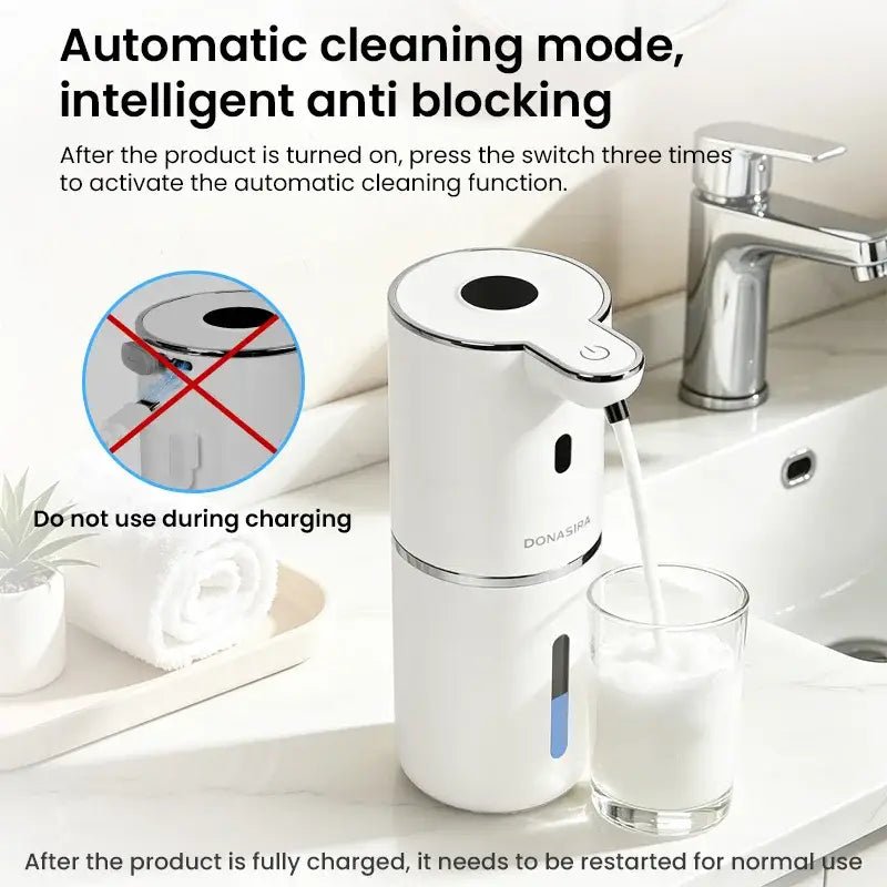 White touchless soap dispenser with automatic cleaning mode setup and nozzle outlet