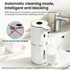 White touchless soap dispenser with automatic cleaning mode setup and nozzle outlet