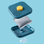 Blue refrigerator deodorizer box with vent holes, opened lid, and charcoal pad inside