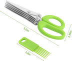 Stainless multi-blade herb shears set with green handles and measuring lines