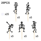 25 black skeleton cupcake toppers on sticks, includes 5 assorted designs