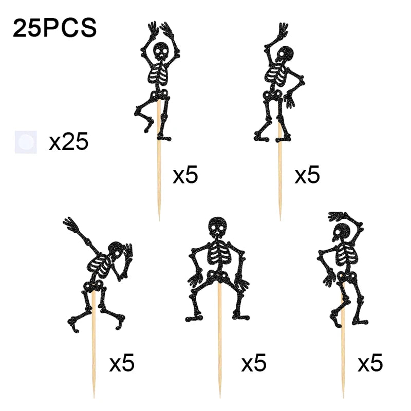 Black skeleton cupcake toppers set, 25pcs with x25 and x5 design counts