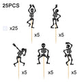 Black skeleton cupcake toppers set, 25pcs with x25 and x5 design counts