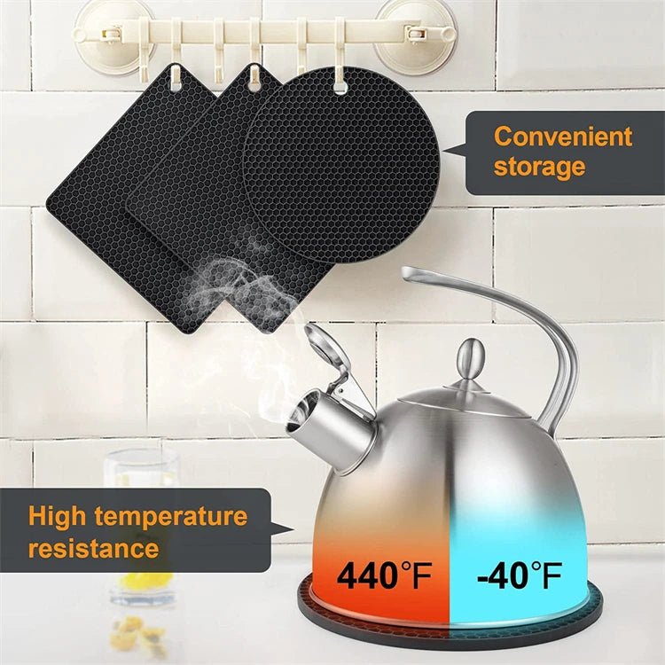 Black silicone trivet mat & hot pad set with hex texture and hanging holes