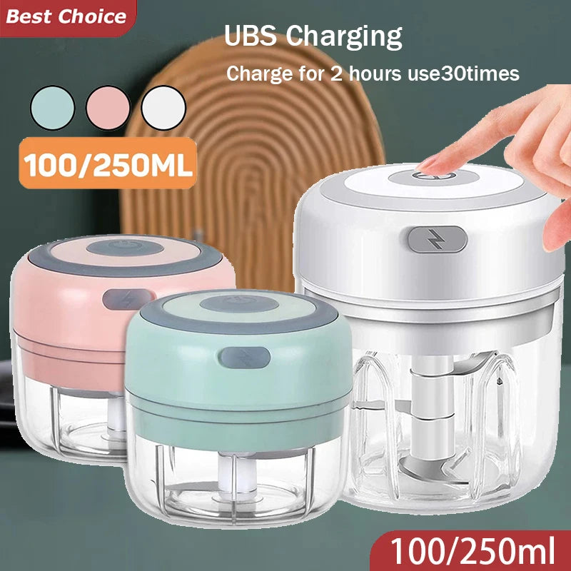 Electric mini chopper set with white, pink, and green single-cup clear bowls, 100/250ml.