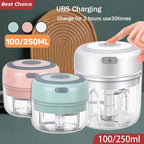 Electric mini chopper set with white, pink, and green single-cup clear bowls, 100/250ml.